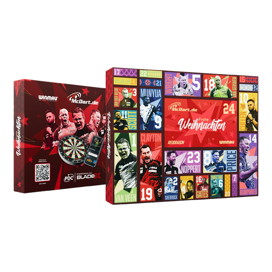 Calendario de Adviento de Dardos de Acero McDart 2026 Hier ist der McDart Steel-Darts Adventskalender 2026 abgebildet. Die Verpackung hebt das Adventskalender-Design für Darts-Spieler hervor.
