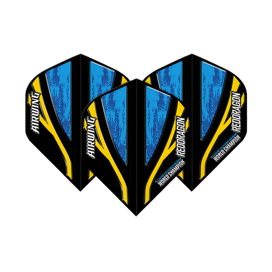 Ala Aérea Red Dragon Luke Humphries Campeón Mundial Vuelos Estándar Azul Negro Das Bild zeigt drei Dartflights mit dem Namen "Red Dragon Airwing Luke Humphries World Champion Black Blue Standard Flights". Die Flights sind überwiegend blau und schwarz mit gelben Akzenten und weißer Schrift.