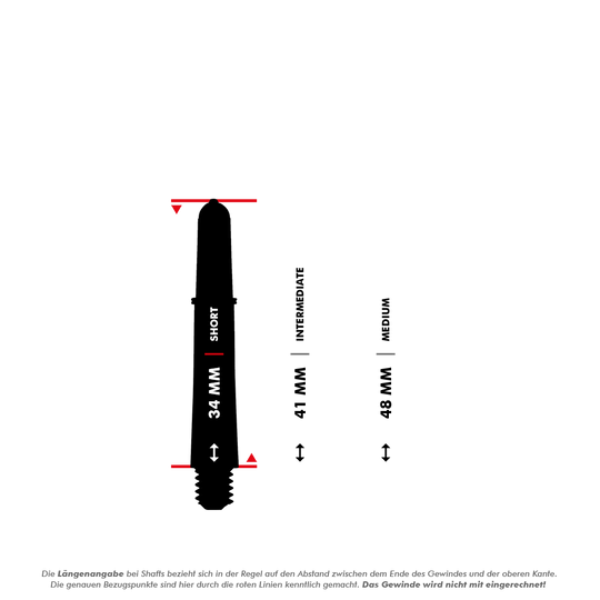 Varillas Target Pro Grip Vision - 3 juegos - Negras Das Bild zeigt einen kurzen Target Pro Grip Vision Shaft mit einer Länge von 34 mm. Rechts daneben sind die Größen "Intermediate" (41 mm) und "Medium" (48 mm) als Vergleich dargestellt.
