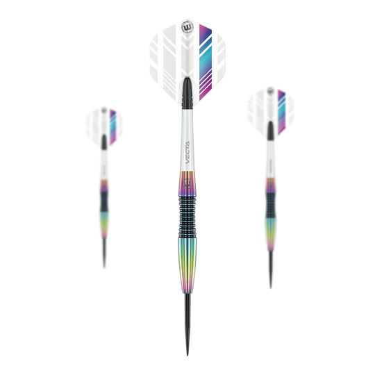 Dardos Winmau Elektra acero Das Bild zeigt drei Winmau Elektra Steeldarts mit weißen Flights und bunten, metallischen Schäften. Die Darts sind modern gestaltet und haben schwarze Spitzen.