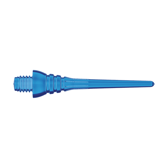 Winmau Triton Softtip Points Softdartspitzen (50-er Pack) Auf dem Bild ist eine azurblaue Softdartspitze zu sehen. Sie hat ein Schraubgewinde auf der einen Seite und läuft zur anderen Seite spitz zu.