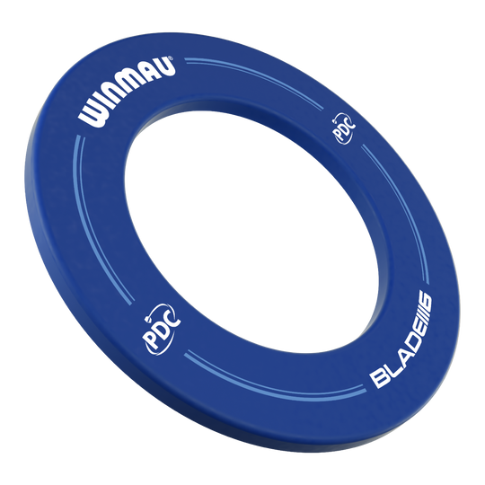 Marco para diana Winmau PDC - Azul Auf dem Bild ist ein blauer Dartboard-Surround der Marke Winmau zu sehen. Die Aufschrift enthält die Logos von Winmau, PDC und Blade 6.