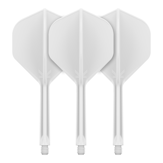 Sistema de vuelo estándar Target K-Flex No2 - Blanco Auf dem Bild sind drei weiße Dartflights mit Schaft zu sehen. Sie stehen nebeneinander und haben eine klassische, standardmäßige Form.