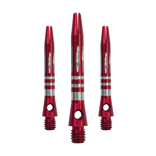 Ejes de aluminio con corte de diamante y anillos - Rojo - 35 mm Das Bild zeigt ein Set der Ringed Diamond Cut Aluminium Shafts - Rot - 35 mm. Mehrere rote Aluminium-Dartschäfte liegen nebeneinander.