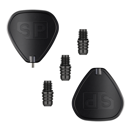 Convertidor Target Swiss Point 2BA - Negro Das Bild zeigt den Target Swiss Point 2BA Converter in Schwarz. Es sind zwei schwarze Adapter und drei kleine Verbindungsteile abgebildet.