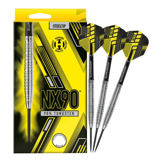 Das Bild zeigt die Harrows NX90 Tapered Quick Point Steeldarts in voller Ansicht. Die Steeldarts sind für Präzision und Qualität bekannt.
