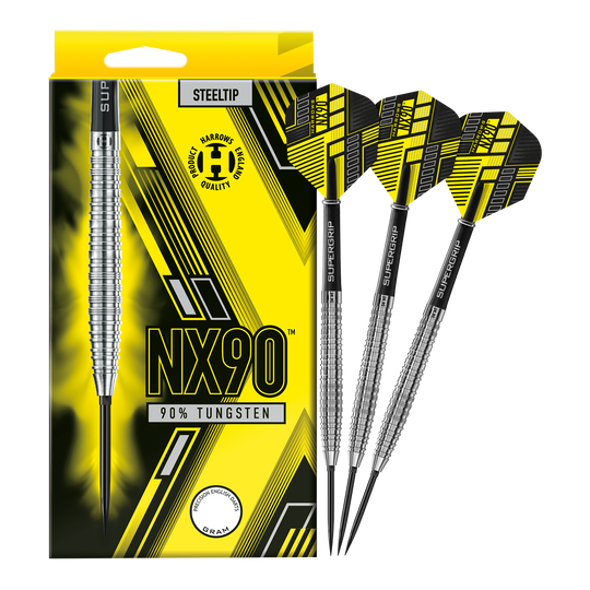 Dardos de acero de punta rápida cónica Harrows NX90 Das Bild zeigt die Harrows NX90 Tapered Quick Point Steeldarts in voller Ansicht. Die Steeldarts sind für Präzision und Qualität bekannt.