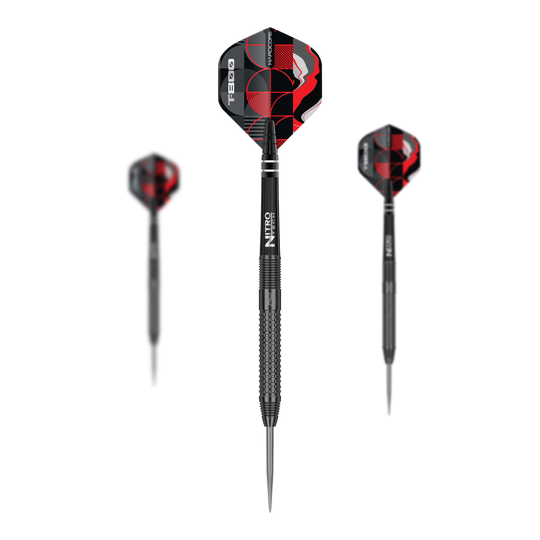 Dardos de acero Red Dragon T-800 Das Bild zeigt drei Red Dragon T-800 Steeldarts mit schwarzem Schaft und rot-schwarzen Flights. Die Darts sind modern und robust gestaltet, ideal für Präzisionswürfe.