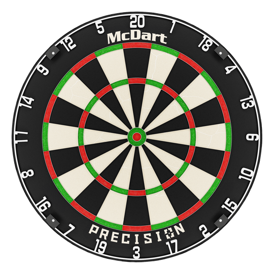 Diana de acero McDart Precision Das Bild zeigt eine McDart Precision Steeldartboard. Die Scheibe ist schwarz, weiß, rot und grün gefärbt und hat gut sichtbare Zahlen am Rand.