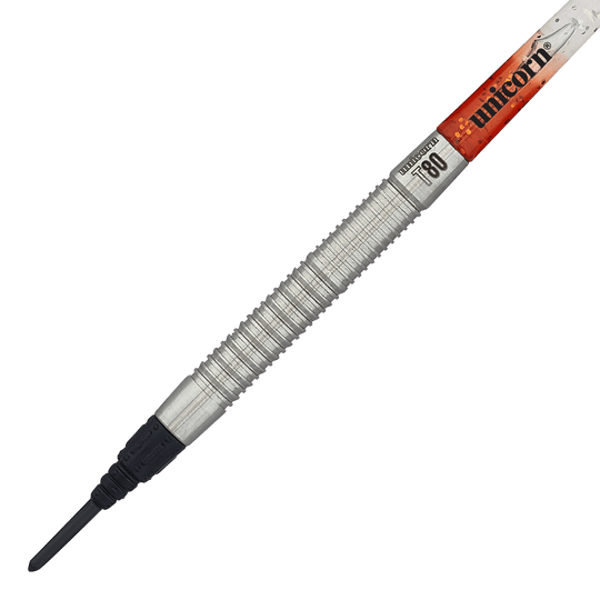 Dardos blandos Unicorn Core XL Striker Style 1 - 19 g Das Bild zeigt einen Unicorn Core XL Striker Style 1 Softdart mit 19 Gramm Gewicht. Der Dart hat einen silbernen, geriffelten Griff und eine schwarze Softspitze.