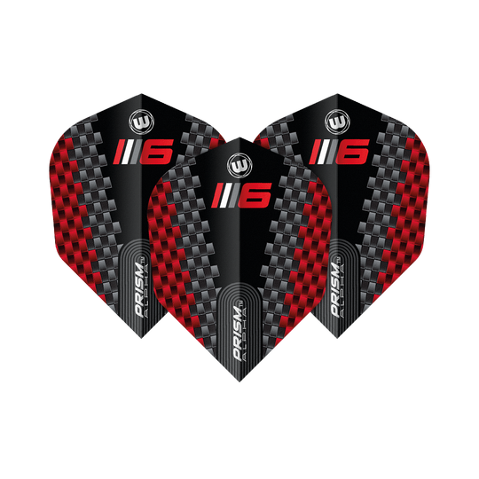Winmau Prism Alpha Blade 6 Chevron No6 Flights Das Bild zeigt drei Dart-Flights des Modells "Winmau Prism Alpha Blade 6 Chevron No6". Die Flights haben ein schwarzes Design mit roten und silbernen Karomustern sowie der Aufschrift „6“ und „PRISM ALPHA“.