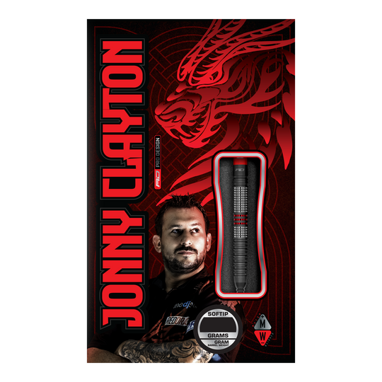 Dardos blandos Red Dragon Jonny Clayton Hiraeth - 20 g Die Abbildung zeigt die Verpackung der „Red Dragon Jonny Clayton Hiraeth Softdarts - 20g“. Auf der Vorderseite sind der Dart, ein Porträt von Jonny Clayton und ein roter Drachen als Design-Element zu sehen.