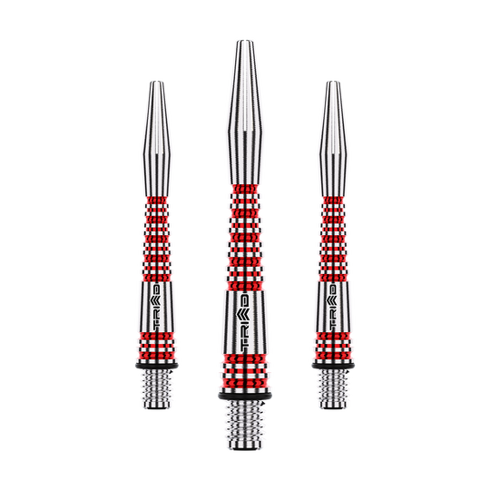 Winmau Triad RX Aluminium Shafts - Rot Das Bild zeigt drei rote und silberne Aluminium-Schäfte für Dartpfeile. Sie sind mit dem Schriftzug "TRIAD" bedruckt und gleichmäßig angeordnet.