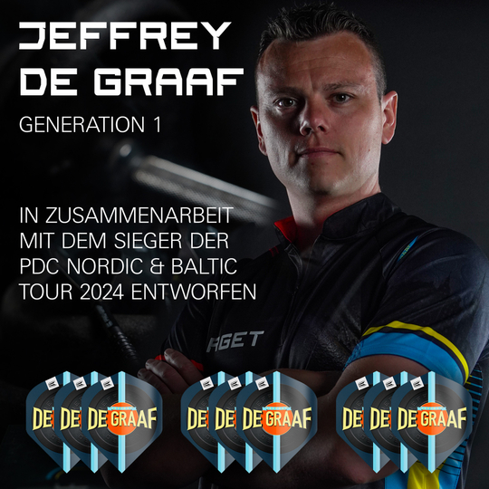 Target Pro Ultra Jeffrey De Graaf GEN1 No2 Vuelos Estándar - 3 juegos Das Bild zeigt Jeffrey de Graaf neben dem Produkt "Target Pro Ultra Jeffrey De Graaf GEN1 No2 Standard Flights - 3 Sets". Unten im Bild sind die drei Sätze der Flights mit dem Aufdruck "DE GRAAF" zu sehen.