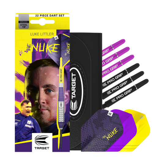 Dardos de acero de latón Target Luke Littler - 22 g Das Bild zeigt das Produkt "Target Luke Littler Brass Steeldarts - 22g" mit buntem Verpackungsdesign. Im Set sind verschiedene Dartflights, Schäfte und eine praktische Aufbewahrungstasche enthalten.