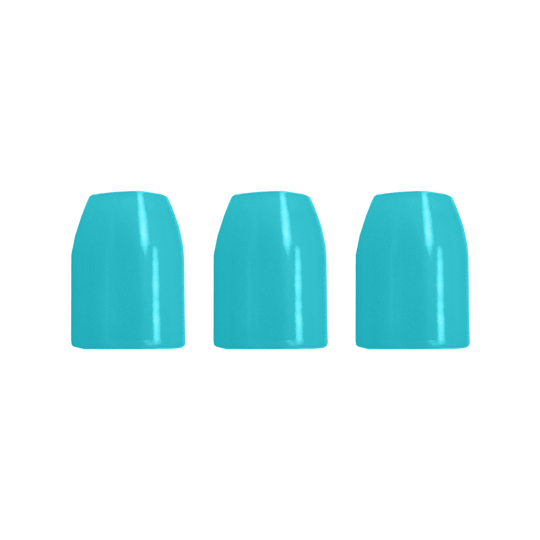 LSF7_L-Style_Champagne-Ringe_Hellblau_2 Das Bild zeigt drei hellblaue, zylindrische Objekte in einer Reihe. Sie haben eine glatte, glänzende Oberfläche.