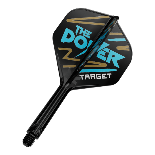 Sistema de varilla de vuelo estándar Target K-Flex Phil Taylor No.2 Das Bild zeigt einen Dartpfeil mit schwarzem Flight und blauer sowie goldener Aufschrift. Auf dem Flight steht "THE POWER TARGET" in auffälligen Buchstaben.