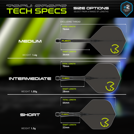Sistema de eje de vuelo Winmau Fusion Michael Van Gerwen Pacman No6 Das Bild zeigt die technischen Spezifikationen des Winmau Fusion Flight-Shaft-Systems Michael Van Gerwen Pacman No2 Standard. Es werden drei Größenoptionen (Medium, Intermediate, Short) mit ihren jeweiligen Längen und Gewichten dargestellt.