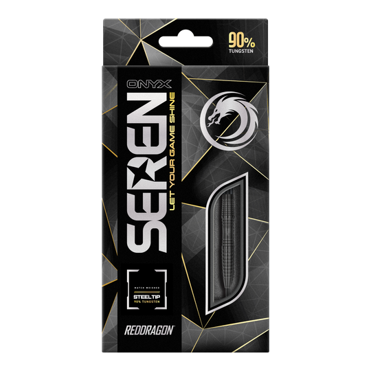 Red Dragon Seren 3 Dardos de Acero de Ónix Die Abbildung zeigt die Verpackung der "Red Dragon Seren 3 Onyx Steeldarts". Auf der Schachtel steht, dass die Darts aus 90% Tungsten bestehen.