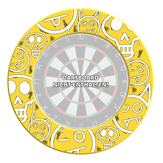 McDart Graffiti Emojis Diana envolvente Das Foto zeigt das Produkt mit dem Dateinamen MSF-A6_McDart_Graffiti_Emojis_Dartboard_Surround_Gelb_3. Es handelt sich um einen gelben Dartboard Surround mit Graffiti Emojis.