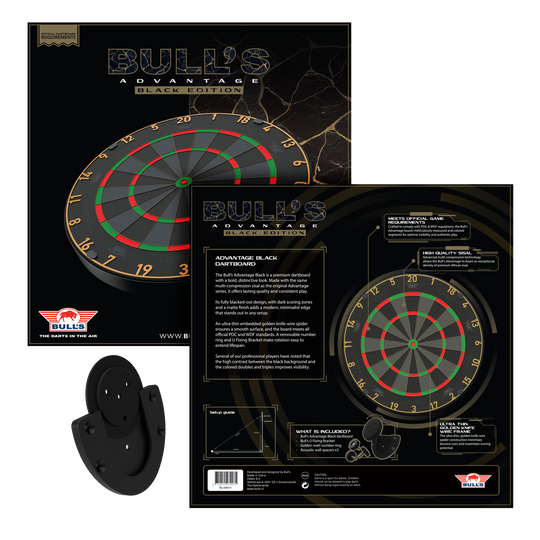 Diana de dardos de acero Bulls NL Advantage Black Edition Das Bild zeigt das Bulls NL Advantage Black-Edition Steeldartboard. Dies ist eine schwarze Dartscheibe für Steeldart-Spiele.