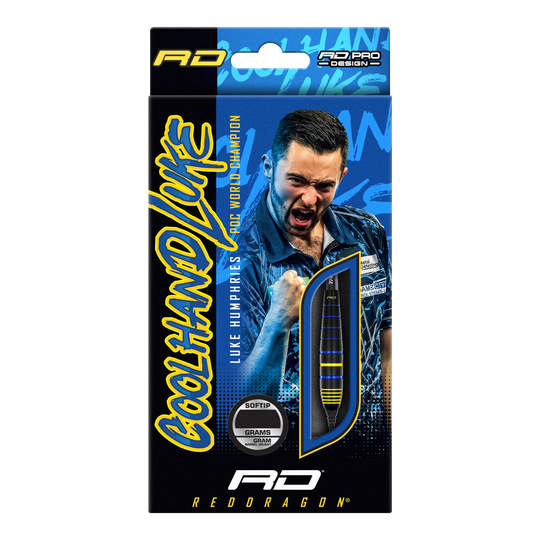 Dardos blandos de latón Red Dragon Luke Humphries, campeón mundial, 20 g Auf der Verpackung ist der Red Dragon Luke Humphries World Champion Brass Softdart mit 20g zu sehen. Im Hintergrund befindet sich ein jubelnder Mann in blauem Hemd.