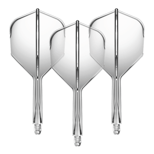 Sistema de eje de vuelo GOAT A1R No6 - Transparente Das Bild zeigt drei durchsichtige Dartflügel mit Schäften. Sie sind gleichmäßig nebeneinander angeordnet und stechen durch ihr klares Design hervor.