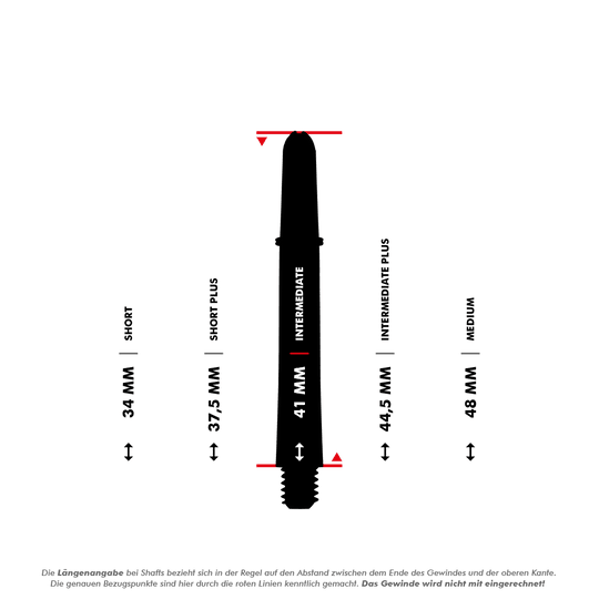 110180_Target_Pro_Grip_Shafts_5_41mm_5Varianten Das Bild zeigt fünf verschiedene Längen von Target Pro Grip Shafts für Dartpfeile, von 34 mm bis 48 mm. Die Längenangaben beziehen sich auf den Abstand zwischen dem Ende des Gewindes und der oberen Kante ohne das Gewinde.
