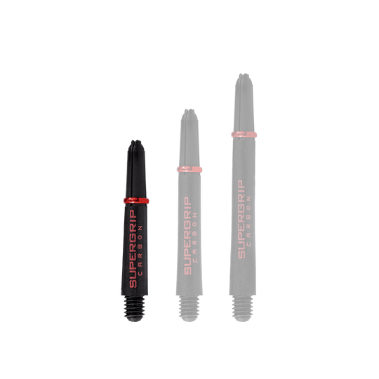 Das Bild zeigt drei Dartschäfte der Marke "Harrows Supergrip Carbon" in Rot. Die Schäfte sind in verschiedenen Längen dargestellt und haben ein schwarzes Design mit roten Akzenten.