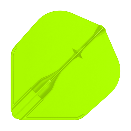 Vuelos L-L-Style3EZ Das Bild zeigt eine leuchtend grüne Dartflight-Flosse. Sie hat eine leicht transparente Oberfläche und eine klassische Form.