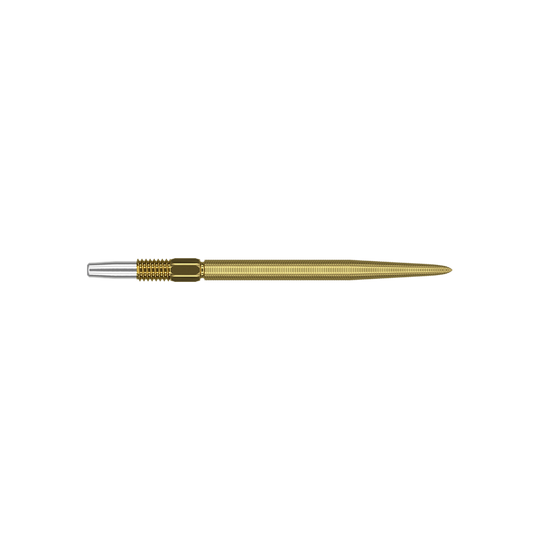 Puntas para dardos Target Swiss Point Nano - Oro Dies ist eine goldfarbene Dartspitze mit feiner Riffelung. Sie hat am Ende ein silbernes Verbindungsstück.