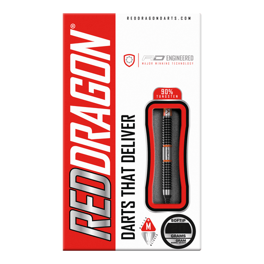 Red Dragon Amberjack 18 dardos blandos - 20 g Auf dem Bild ist die Verpackung der "Red Dragon Amberjack 18 Softdarts - 20g" zu sehen. Die Verpackung ist überwiegend rot und weiß und zeigt einen Softdart mit 90% Tungsten.