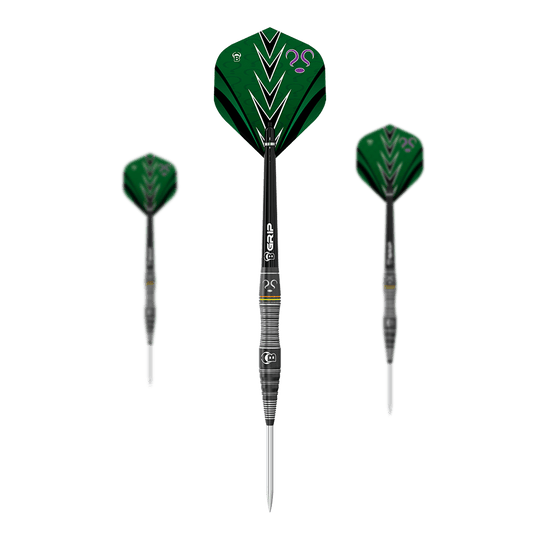 Toros Brian Raman El Acertijo Steeldarts Auf dem Bild sind drei Steeldarts des Modells "Bulls Brian Raman The Riddler" zu sehen. Die Flights sind vorwiegend grün mit schwarzen und weißen Akzenten sowie einem lilafarbenen Fragezeichen.