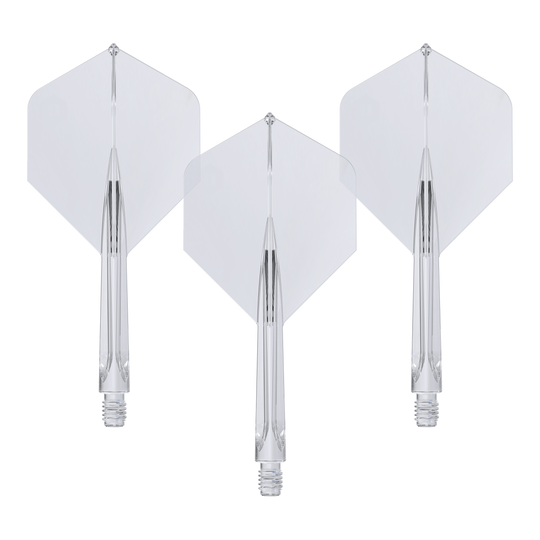 Plumas estándar Unicorn Forge All In One Plus No2, transparentes, medianas Das Bild zeigt drei klare, mittellange Unicorn Forge All In One Plus No2 Standard Flights. Sie sind durchsichtig und haben eine integrierte Flight- und Schaft-Konstruktion.