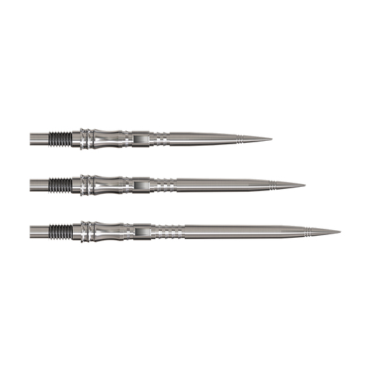 Dartspitzen der Serie Apex Axis Silver Elite sind abgebildet. Sie sind silberfarben und filigran gearbeitet.