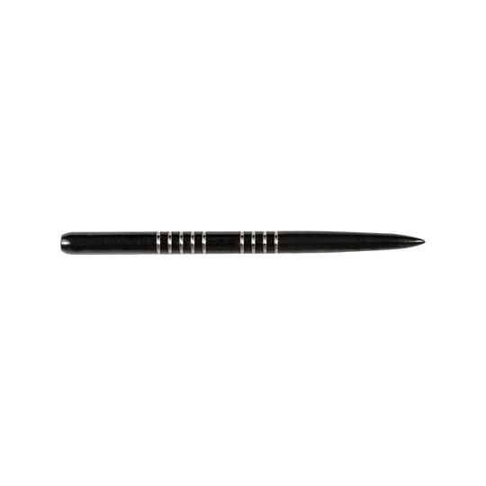 57742_Bulls_GP1_Steeldartspitzen_Schwarz_38mm_2 Das Bild zeigt eine schwarze Steeldartspitze des Modells "Bulls GP1". Die Spitze hat mehrere silberne Rillen für besseren Halt.
