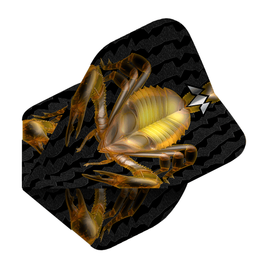 Das Bild zeigt ein schwarzes Dartflugblatt mit einem goldenen Skorpion-Design in der Mitte. Im Hintergrund sind wellenförmige Muster zu sehen.