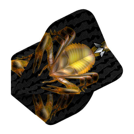 Vuelos estándar de Mission Solo Scorpion No2 Das Bild zeigt ein schwarzes Dartflugblatt mit einem goldenen Skorpion-Design in der Mitte. Im Hintergrund sind wellenförmige Muster zu sehen.
