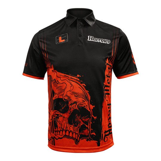 Camiseta de Ryan Searle, jugador de heavy metal de Harrow Das Bild zeigt das Harrows Ryan Searle Heavy Metal Playershirt. Es ist ein spezielles Dartshirt, das für Spieler entworfen wurde.