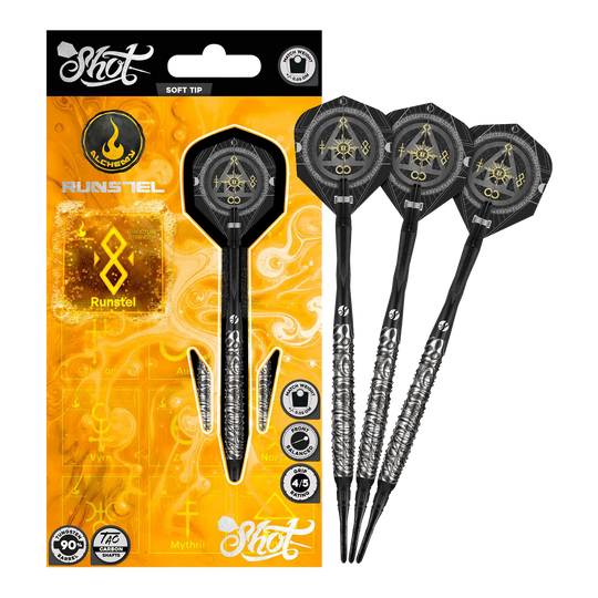 Das Bild zeigt die Shot Alchemy Runstel Softdarts mit 20 Gramm Gewicht. Die Darts sind vollständig und detailliert abgebildet.