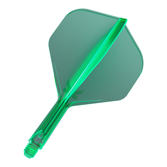 Sistema de vuelo estándar Target K-Flex No2 - Verde Das Bild zeigt ein grünes Dartflight mit integriertem Schaft. Es hat eine standardmäßige, leicht transparente Form.