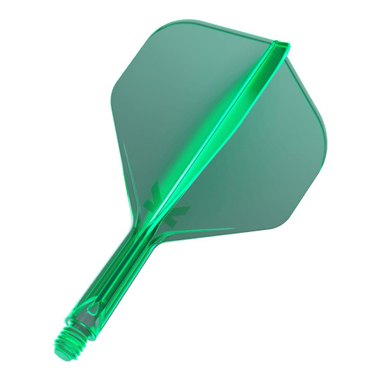 Sistema de vuelo estándar Target K-Flex No2 - Verde Mehrere Dart-Flights mit durchgehender Oberfläche und gleichförmiger Form liegen nebeneinander. Die Anordnung ist ordentlich.