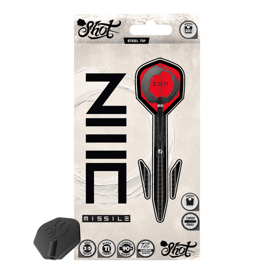 Dardos de acero Shot ZEN Missile Turbo Point - 23 g Das Bild präsentiert die Shot ZEN Missile Turbo Point Steeldarts - 23g. Diese sind besonders präzise und griffig gestaltet.