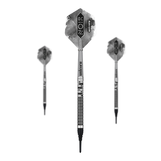 Dardos suaves Unicorn Noir Gary Anderson Phase 5 Das Bild zeigt drei Softdarts der Marke „Unicorn Noir Gary Anderson Phase 5“. Die Darts haben ein elegantes, silber-schwarzes Design mit dem Schriftzug „NOIR“ auf den Flights.