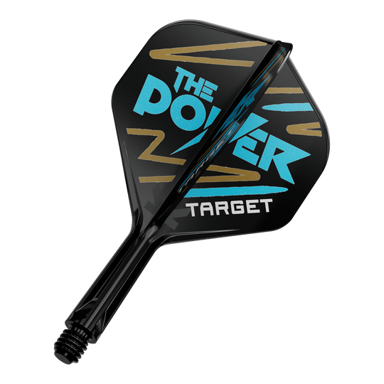 Sistema de varilla de vuelo estándar Target K-Flex Phil Taylor No.2 Das Bild zeigt einen schwarzen Dartflight mit der Aufschrift "THE POWER" in blauer Farbe. Darunter steht das Wort "TARGET" in weißer Schrift.