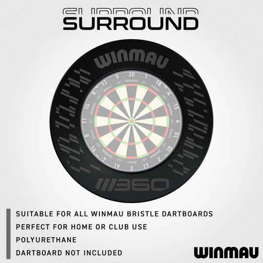 Marco para diana Winmau Blade 360 - Negro Das Bild zeigt das Winmau Blade 360 Dartboard Surround in Schwarz. Es ist eine praktische Ergänzung zum Schutz der Wände beim Dartspielen.
