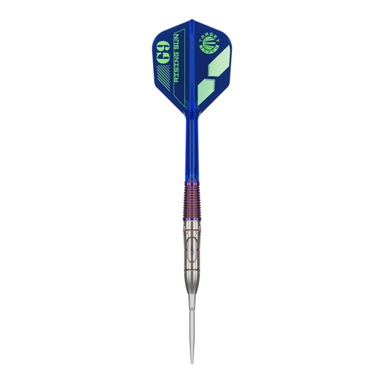 Dardos de acero Target Japan Haruki Muramatsu Rising Sun GEN9 - 23 g Dies ist ein Target Japan Haruki Muramatsu Rising Sun GEN9 Steeldart mit einem Gewicht von 23g. Der Dart hat ein modernes Design mit blauen und silbernen Elementen.