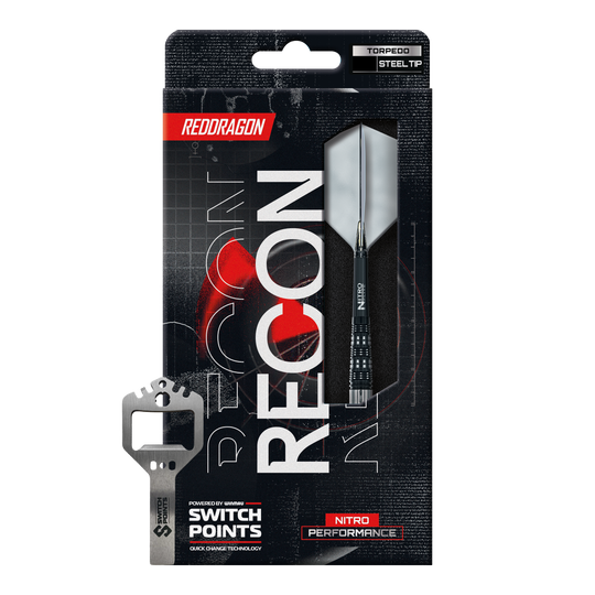 Dardos de acero Red Dragon Recon Torpedo Switch Point Auf dem Bild sind die Red Dragon Recon Torpedo Steeldarts - 23g zu erkennen. Die Steeldarts liegen parallel zueinander.