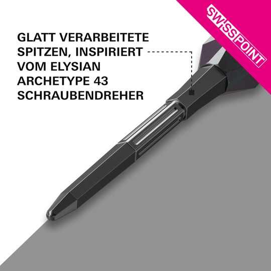 Puntas de dardo Target Elysian Archetype 43 Swiss Point de acero - Negras Die Target Elysian Archetype 43 Swiss Point Steeldartspitzen in Schwarz sind dargestellt. Sie eignen sich hervorragend für präzise Würfe beim Dartspiel.