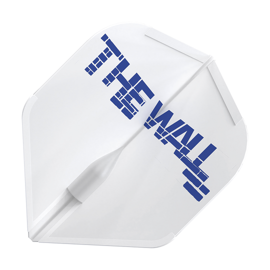 Vuelos Martin Schindler blancos estilo L1EZ Das Bild zeigt ein weißes Dart-Flight mit der Aufschrift "THE WALL" in blauen Buchstaben. Es handelt sich um das Produkt "L-Style Martin Schindler Weiß L1EZ Flights".
